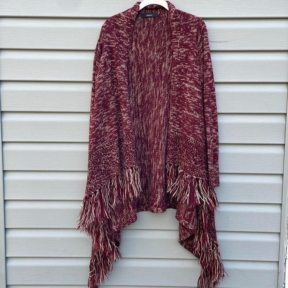 Maroon Marled Asymmetric Fringe Hem Cardigan